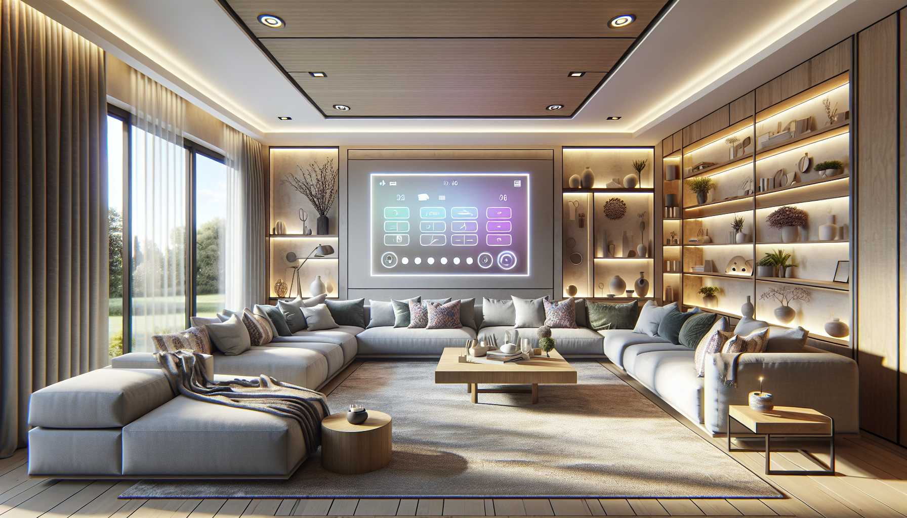 A modern living room with smart lighting control