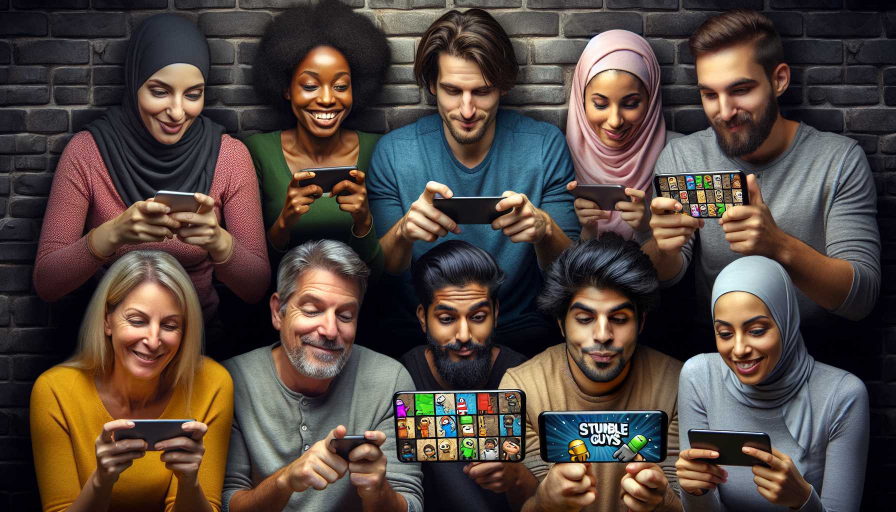 A group of people playing Stumble Guys on their phones