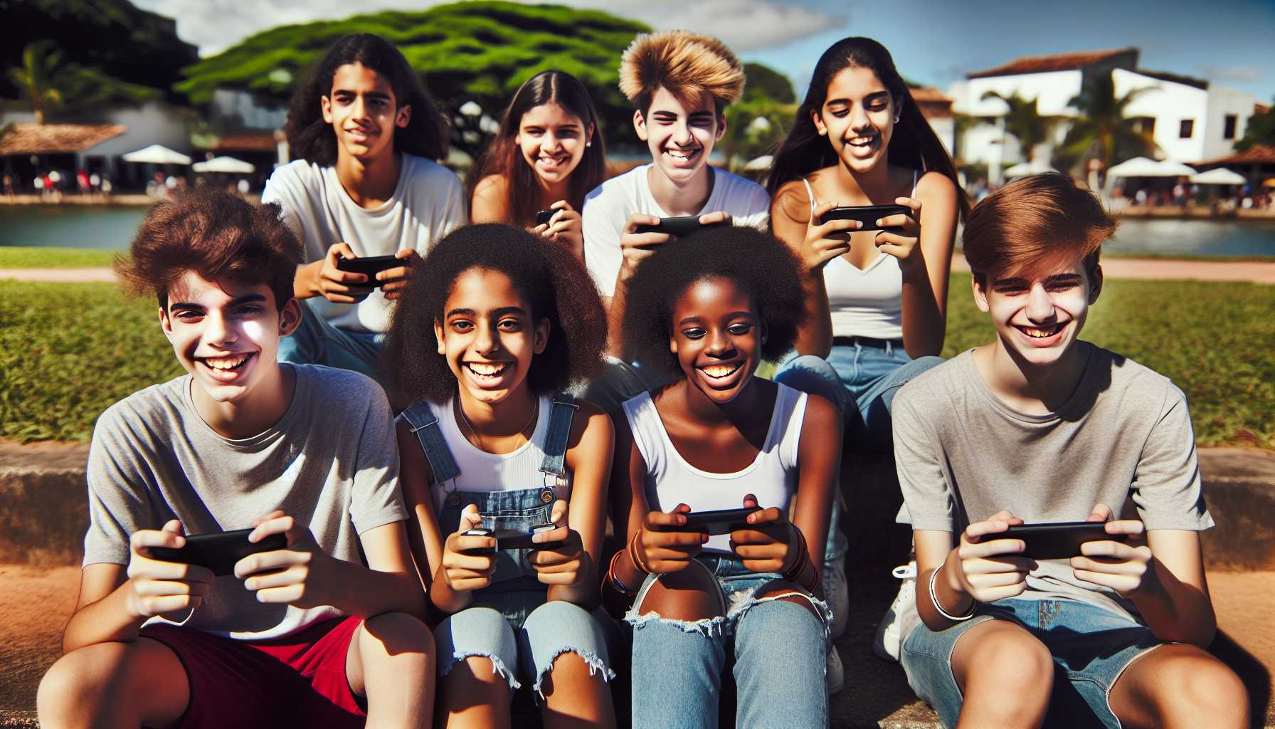 A group of teenagers in Brazil playing video games on their smartphones, with smiles on their faces.