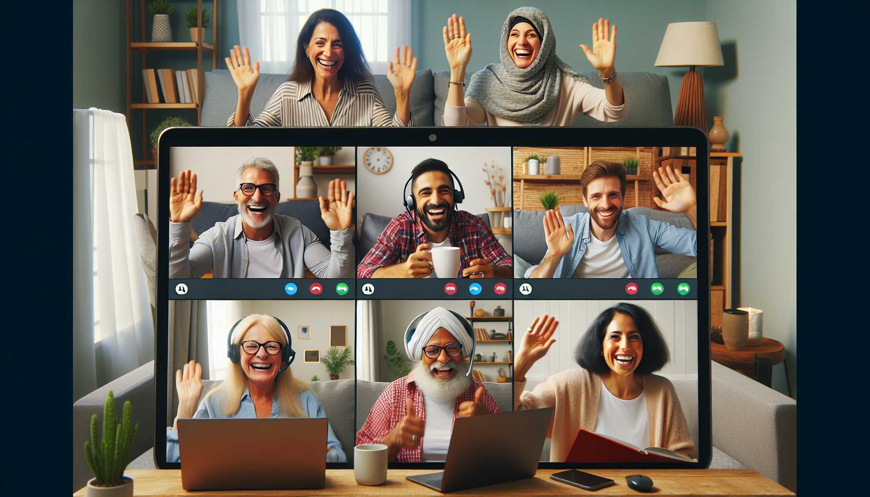 A group of people in a video conference meeting, smiling and waving at the camera.