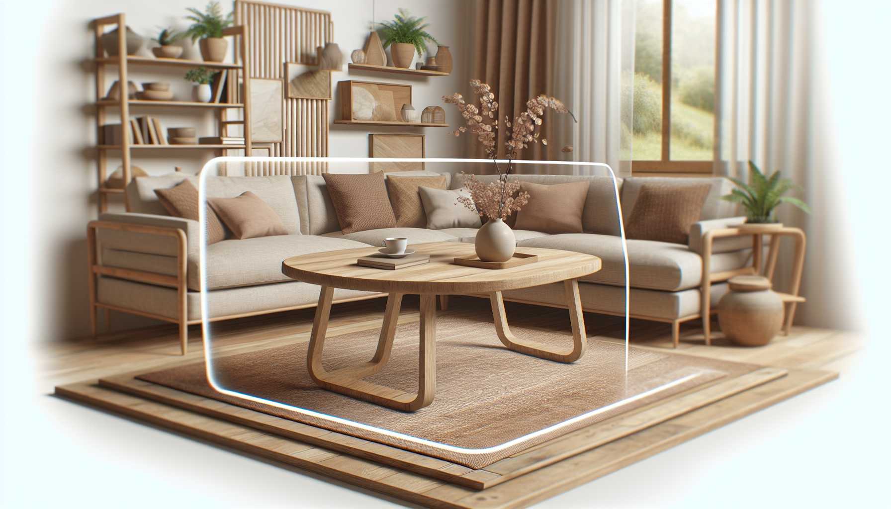 A 3D model of a virtual furniture being placed in a living room using an AR app.