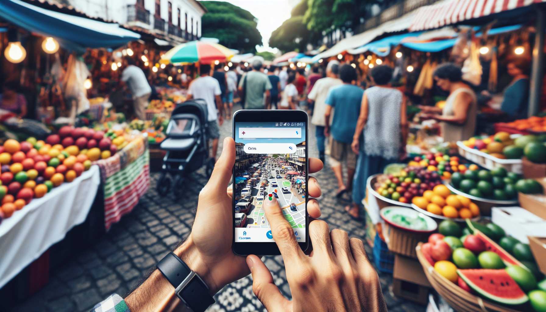 A person using Google Maps on their phone while exploring a bustling street market in Brazil.