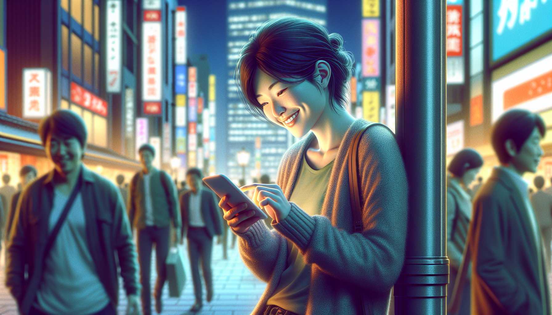 A person in Japan checking their email on their phone with a smile on their face.