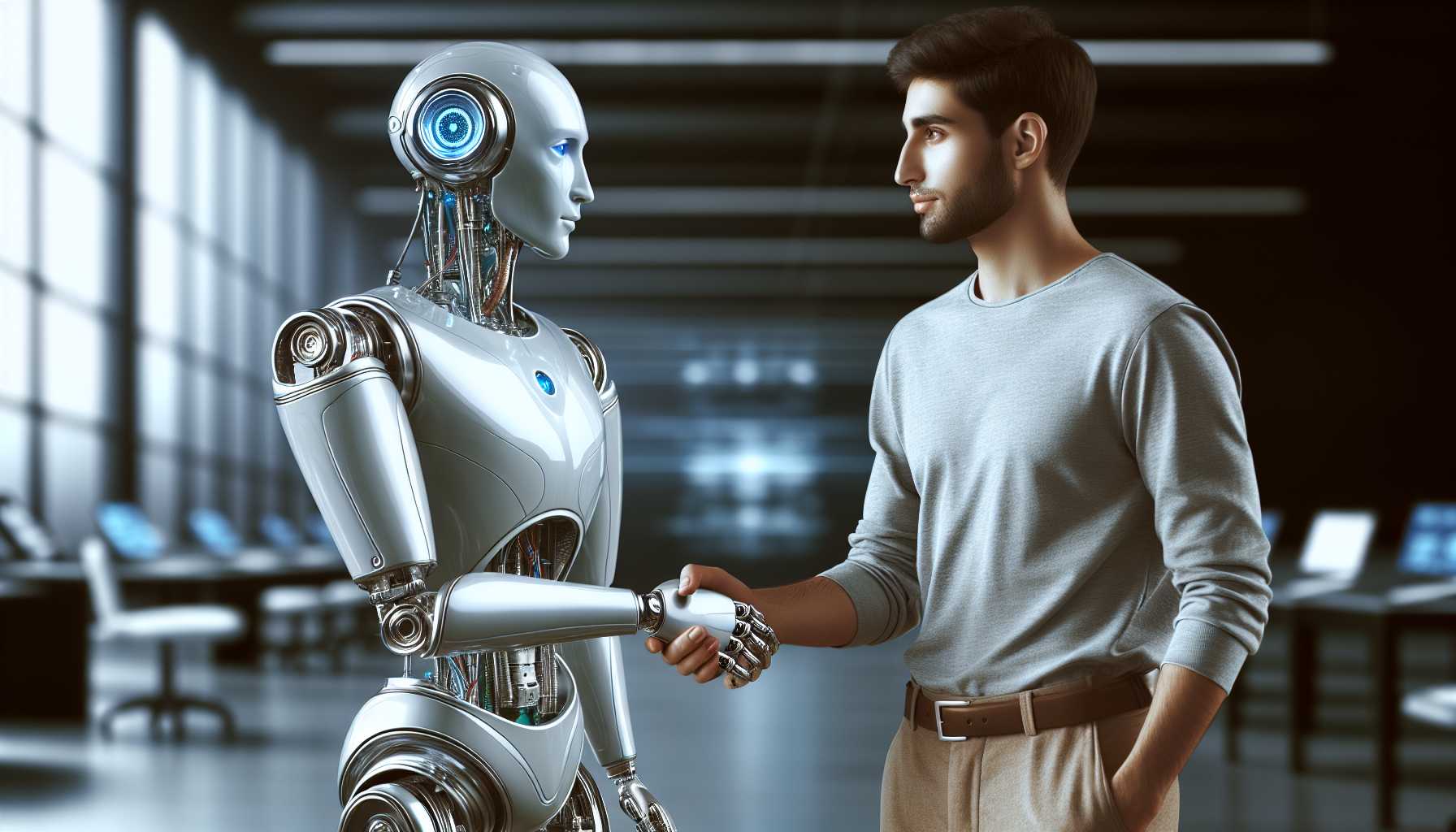 AI represented as a humanoid robot shaking hands with a human