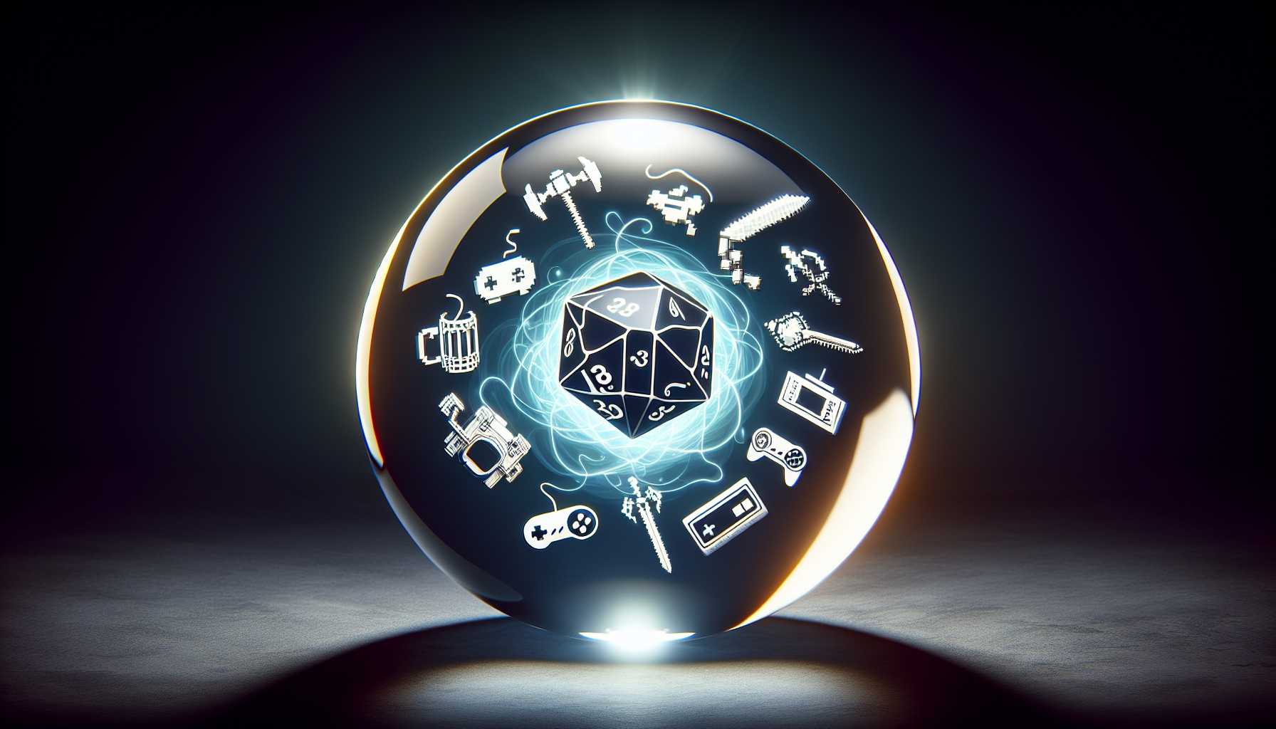 A crystal ball with gaming icons indicating trends