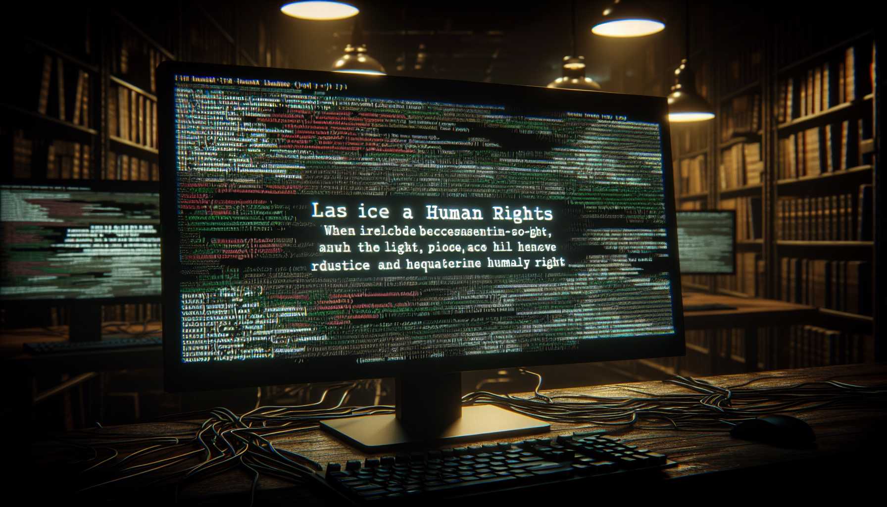 Computer screen displaying code with human rights message