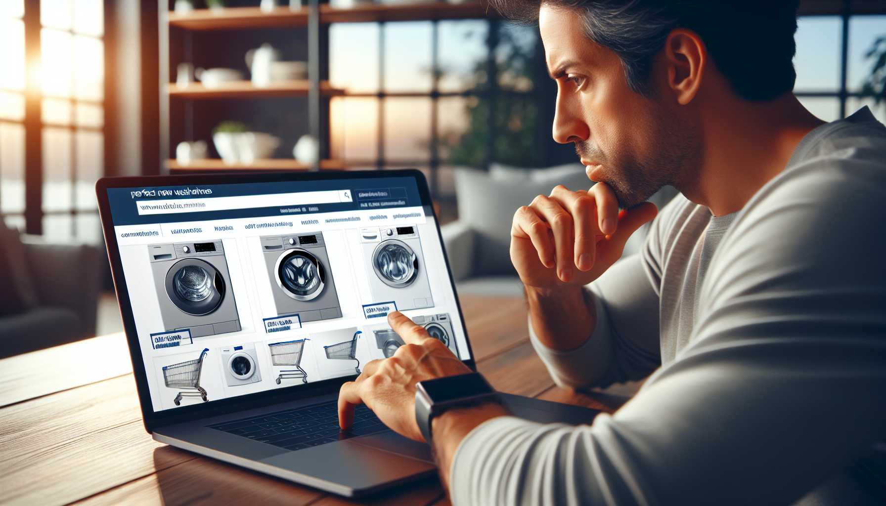 A person using a laptop to shop for a new washing machine.