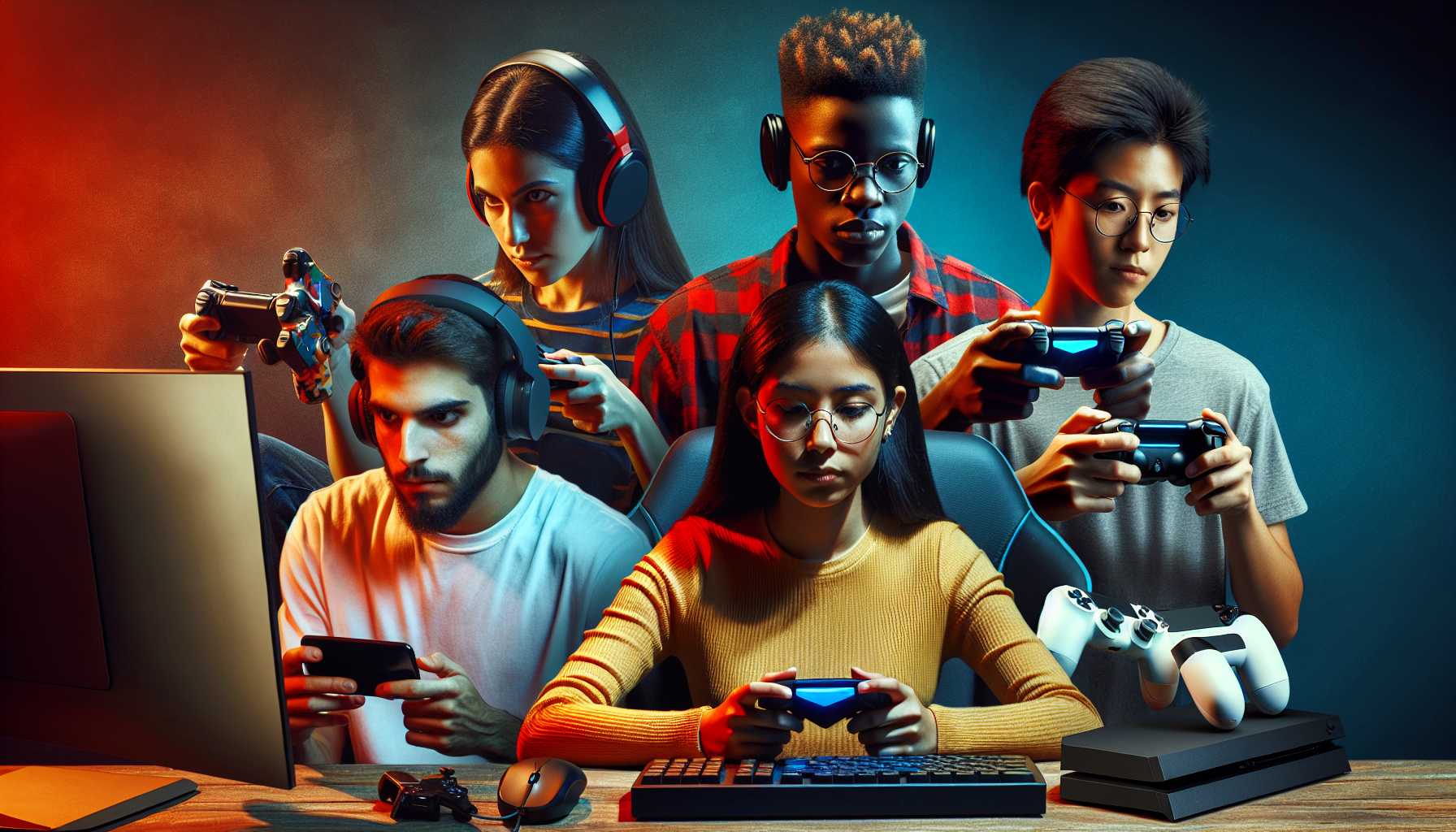 Teenagers playing video games on different platforms