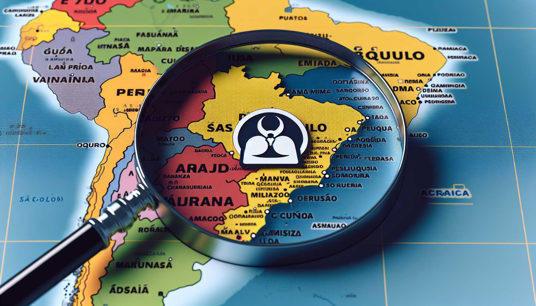 A map of Brazil with a magnifying glass focusing on the state of São Paulo, where the most popular antivirus software is used.