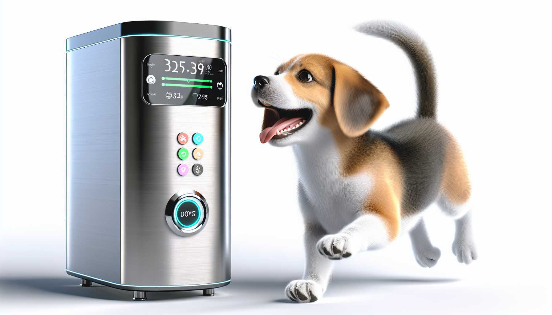 A happy dog using a smart feeder