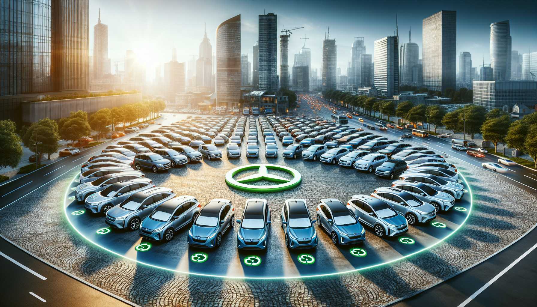 A large fleet of cars with the Greenwheels logo parked in a city