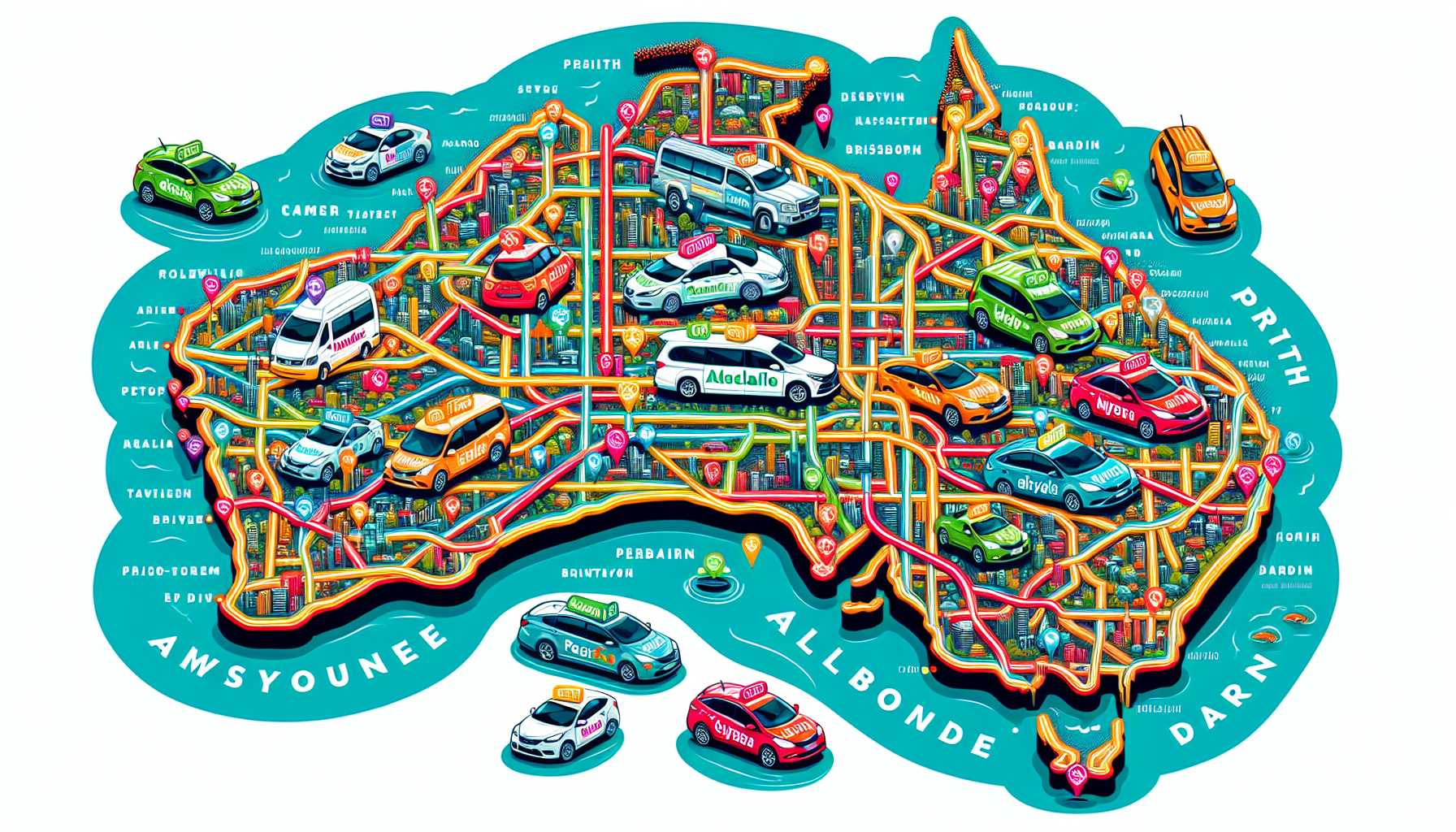 A map of Australia with major cities highlighted and ride-sharing cars driving around them