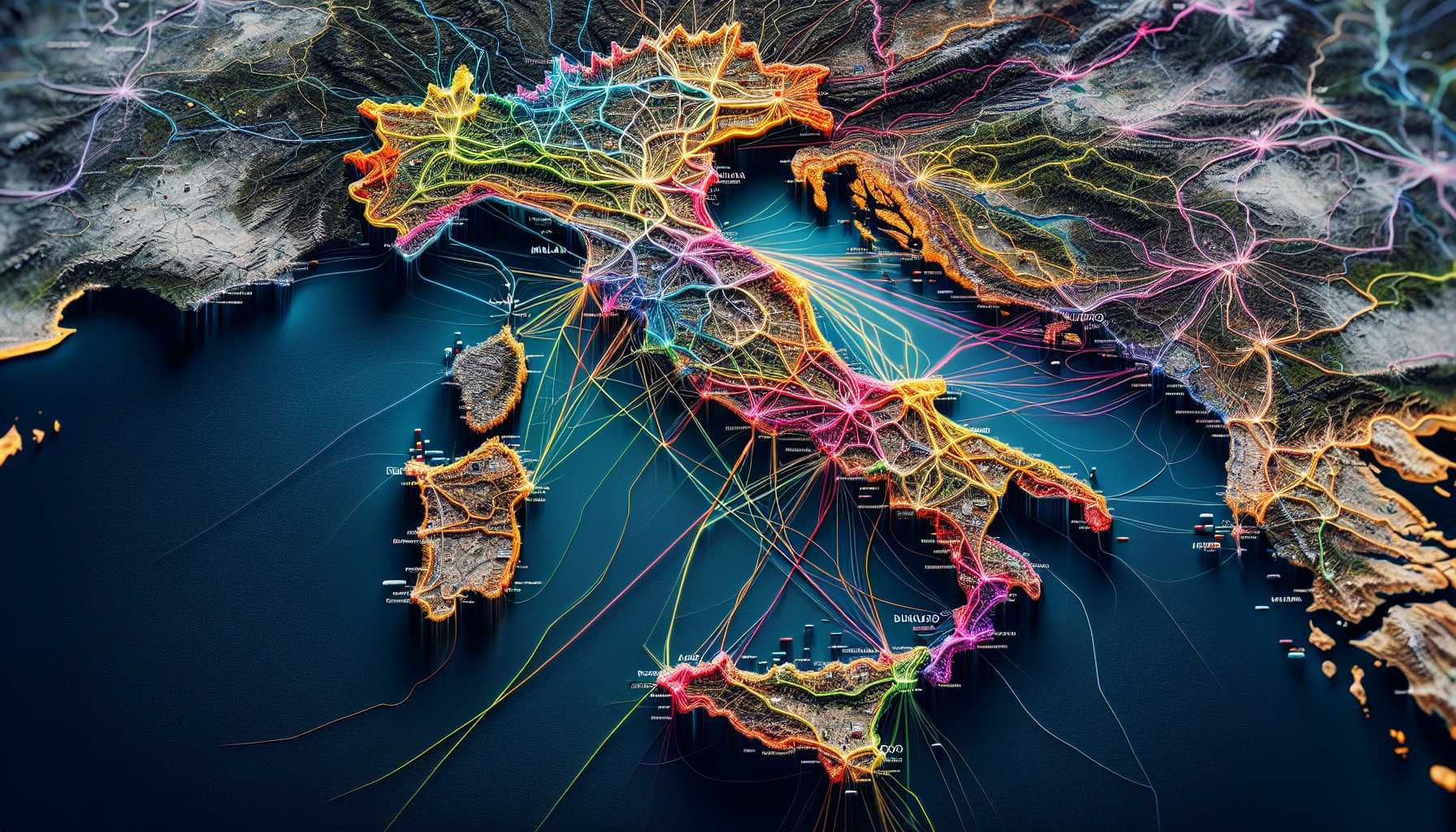 Map of Italy with major cities highlighted and connected by lines representing ride-sharing services