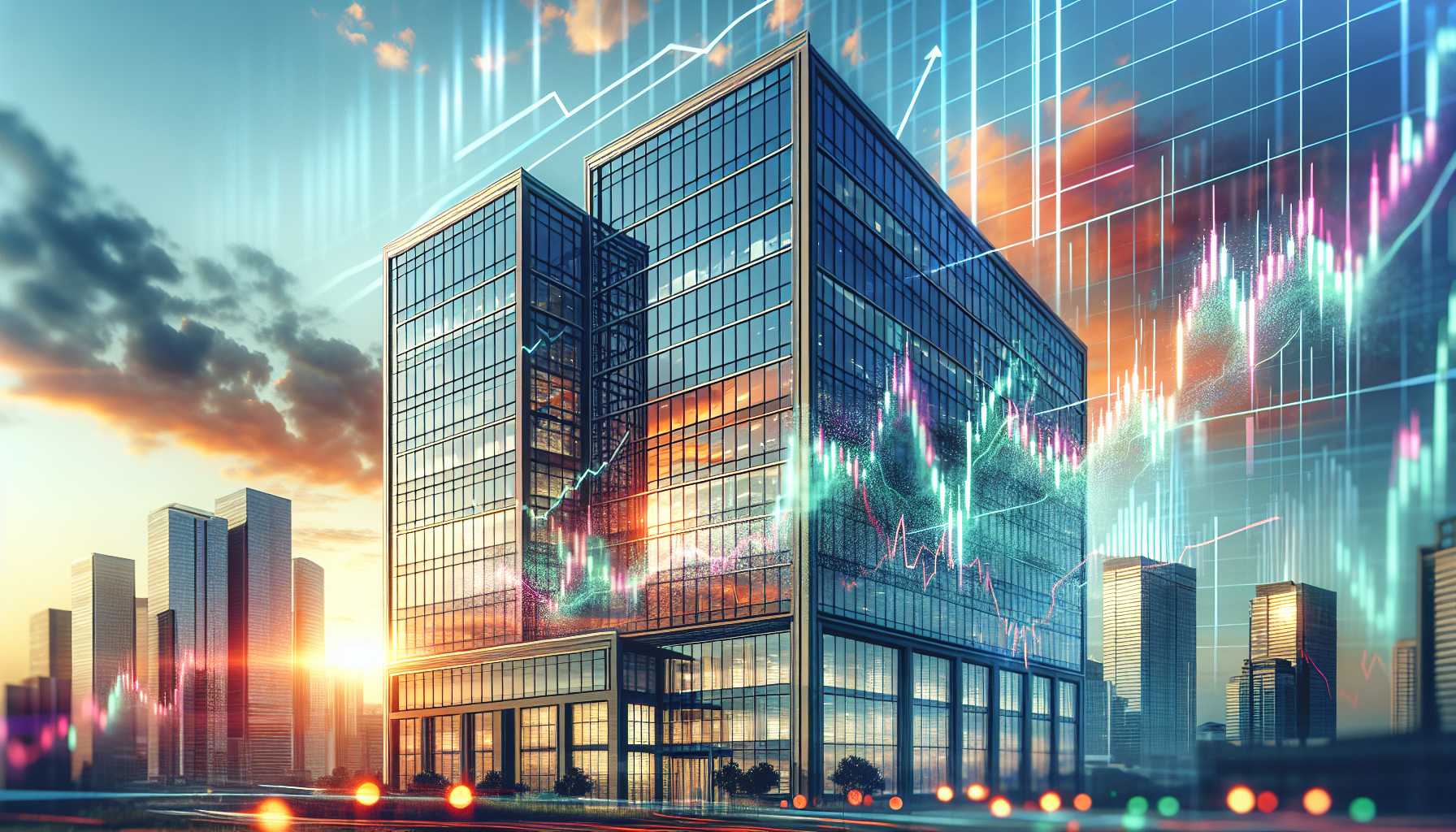 Microsoft headquarters with stock chart overlay