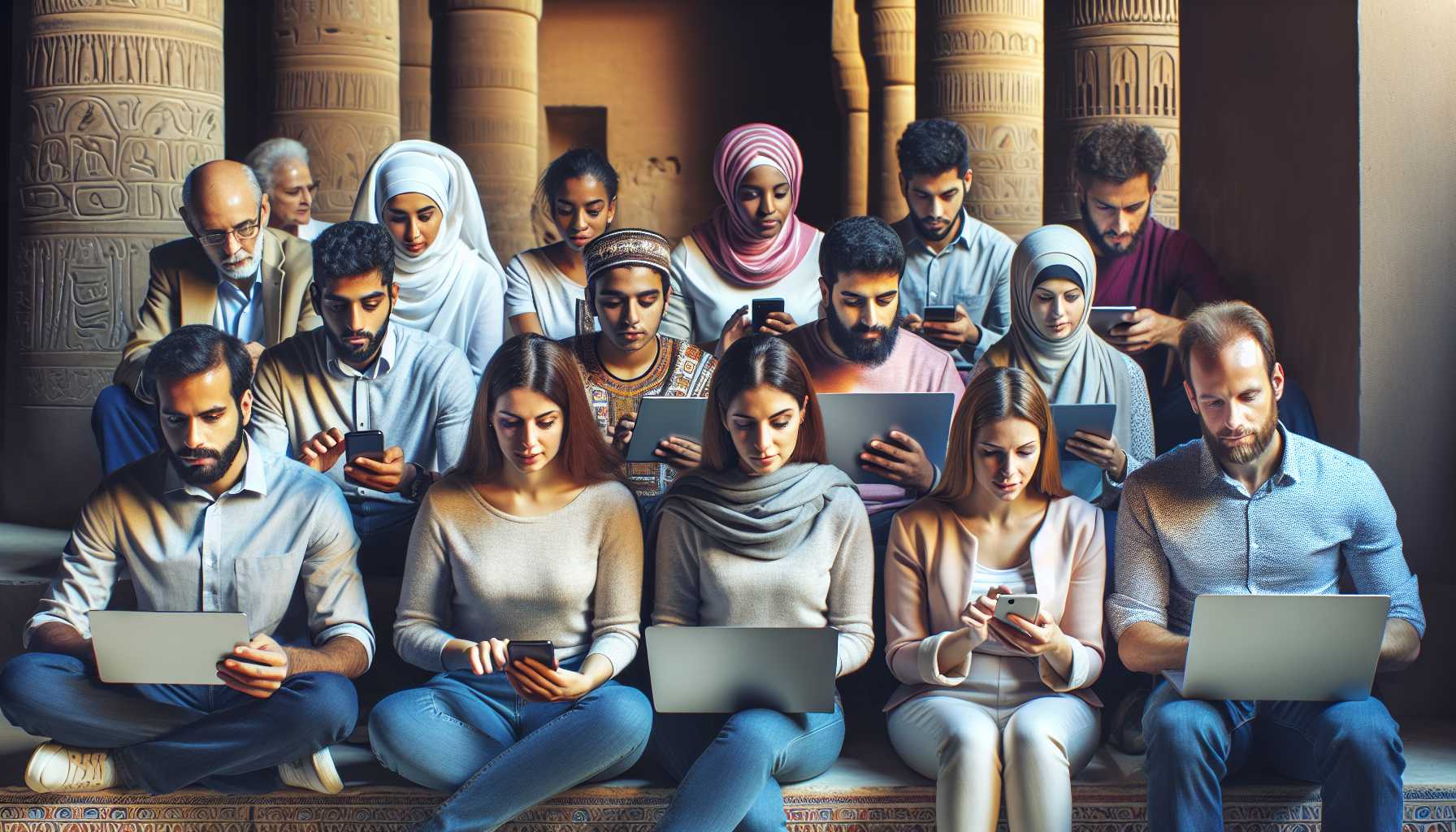 A group of people in Egypt using laptops and smartphones to learn new skills