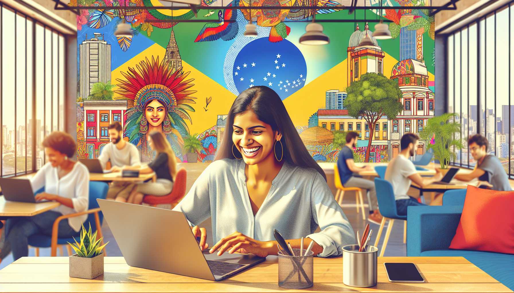 A vibrant illustration of a happy freelancer working on a laptop in a coworking space in Brazil.