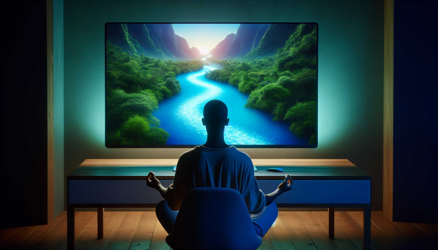 A person meditating in front of a computer screen displaying a calming image.