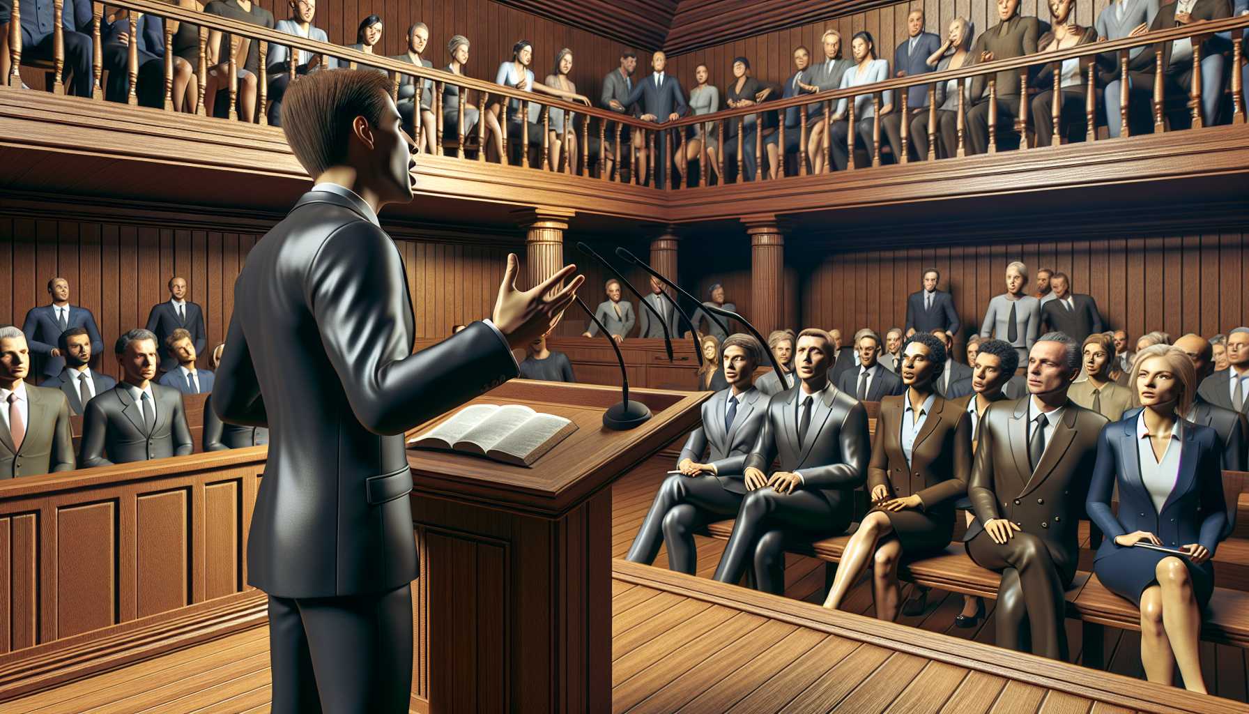 A courtroom scene with Nvidia CEO presenting arguments