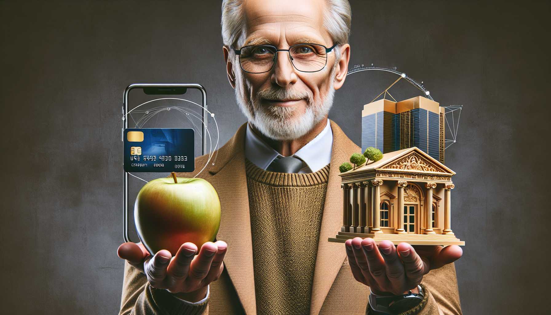 An artistic portrayal of Warren Buffett holding Apple, Bank of America, and American Express items