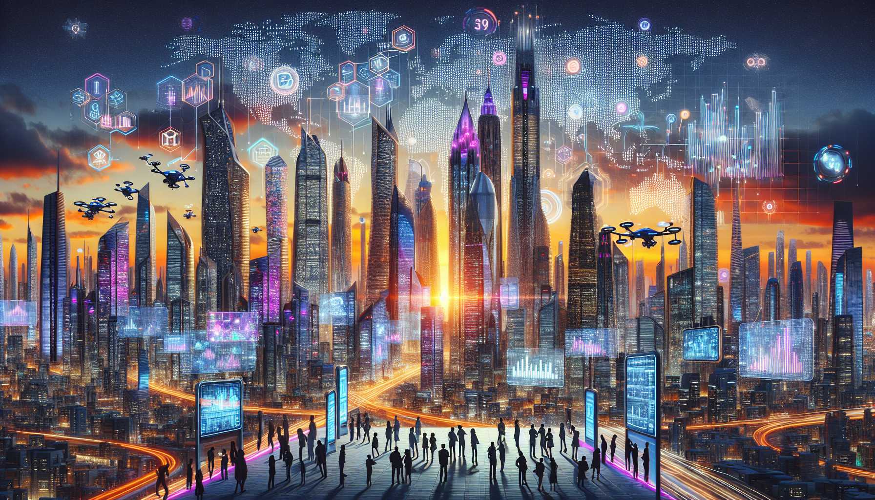 A futuristic cityscape representing the dynamic tech and finance industry