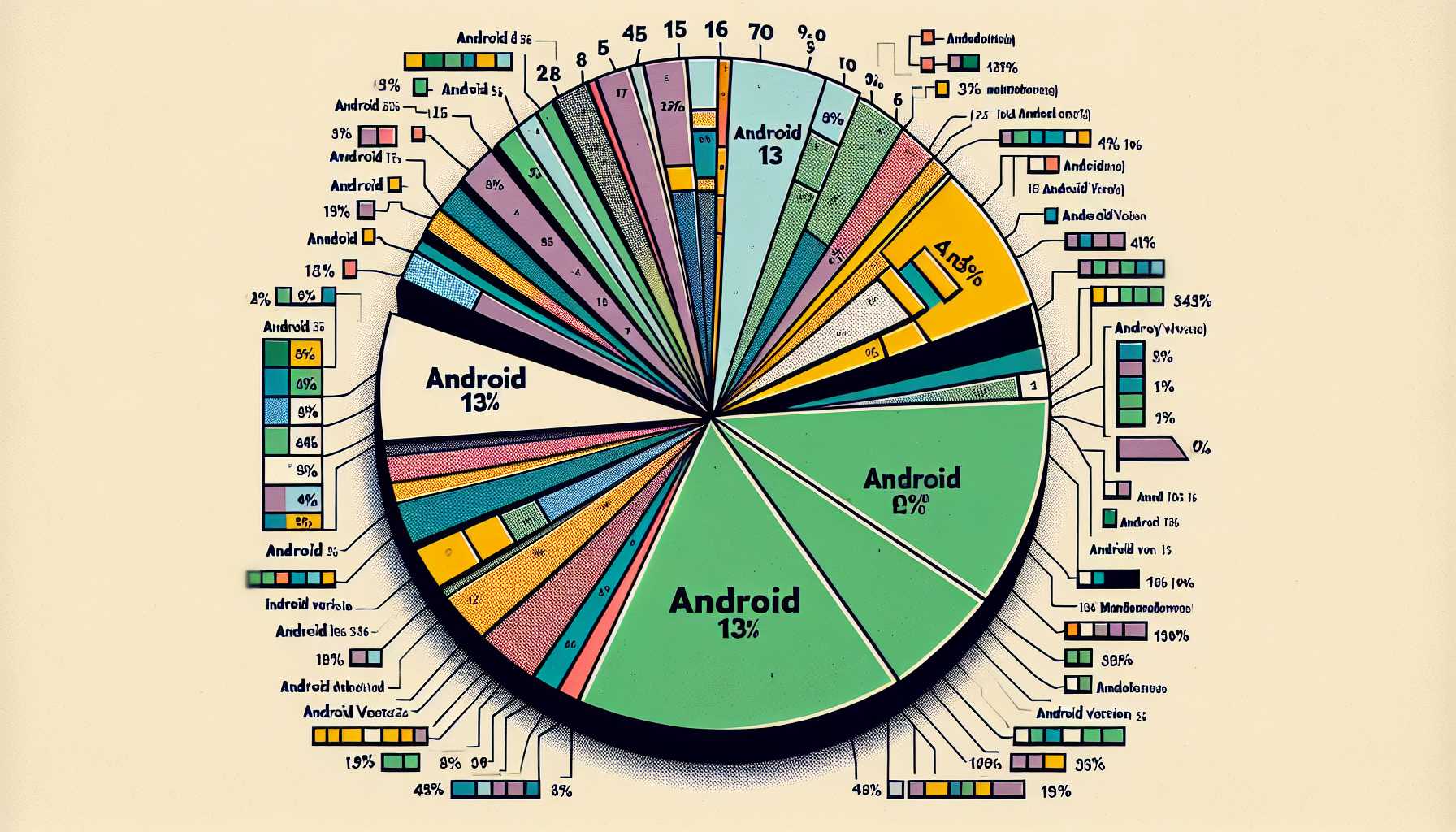 Pie chart showing the distribution of Android versions in the US, with Android 13 having the largest share