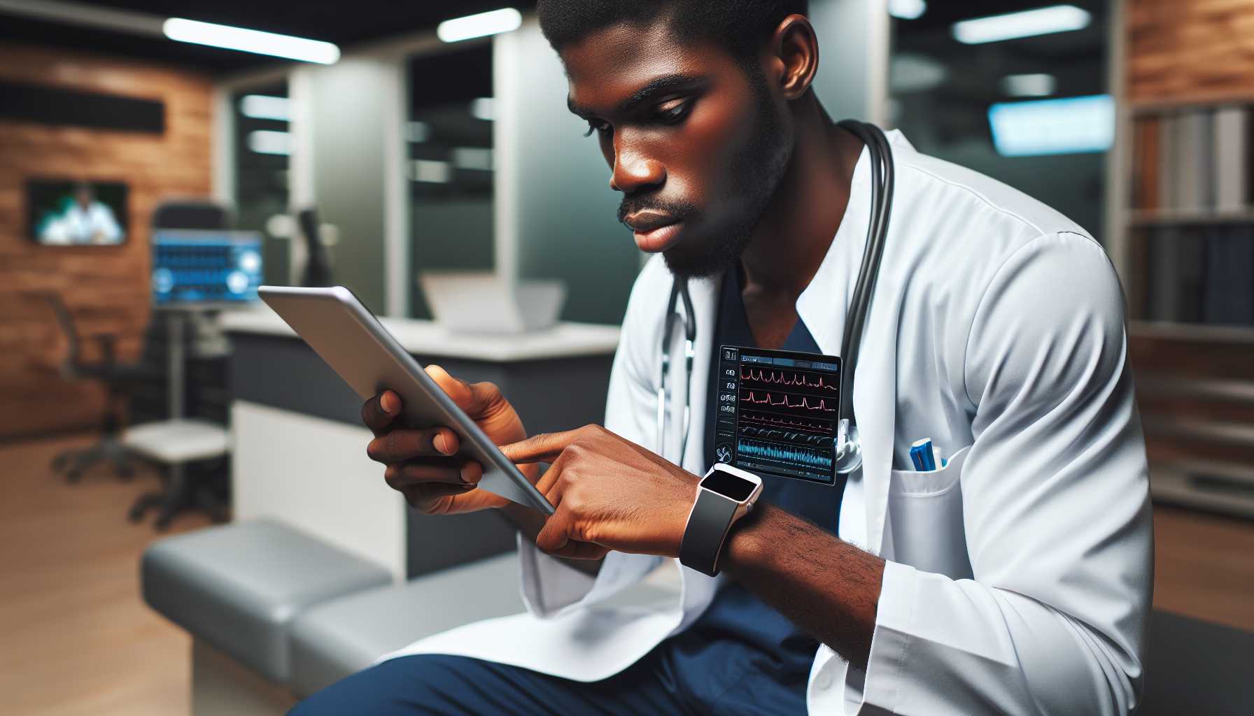 A doctor in Benin using a tablet to monitor a patient's health data on a smartwatch.