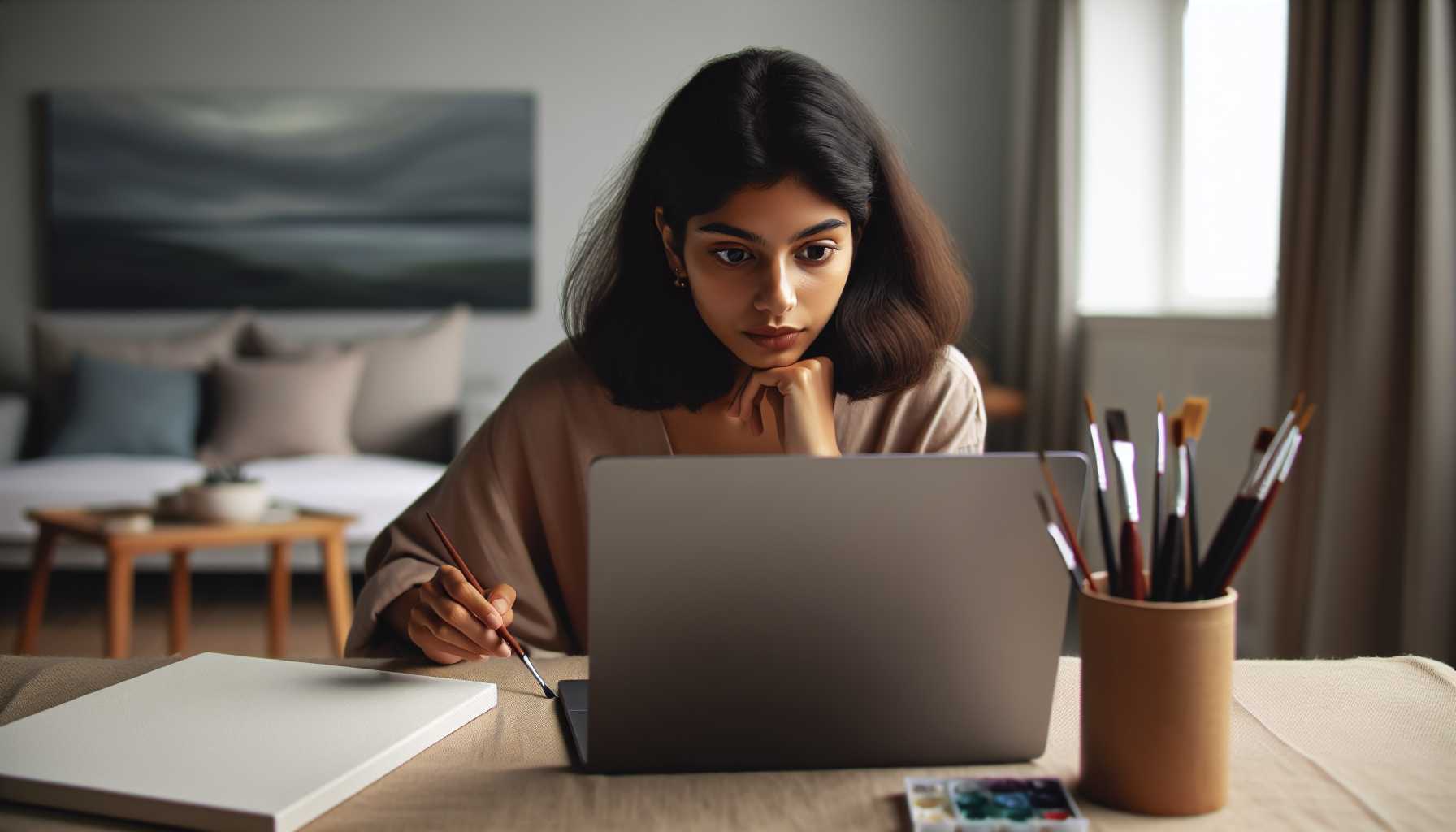 A person taking an online art class on a laptop with a paintbrush and canvas in the foreground.