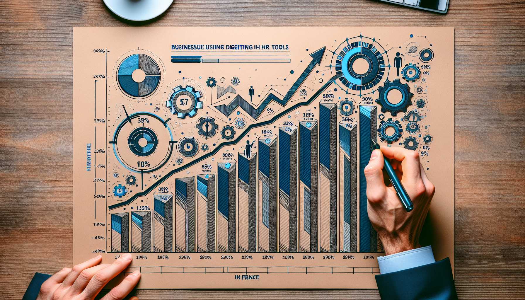 A graph showing the percentage of businesses in France using digital HR tools, with a focus on the upward trend in recent years.