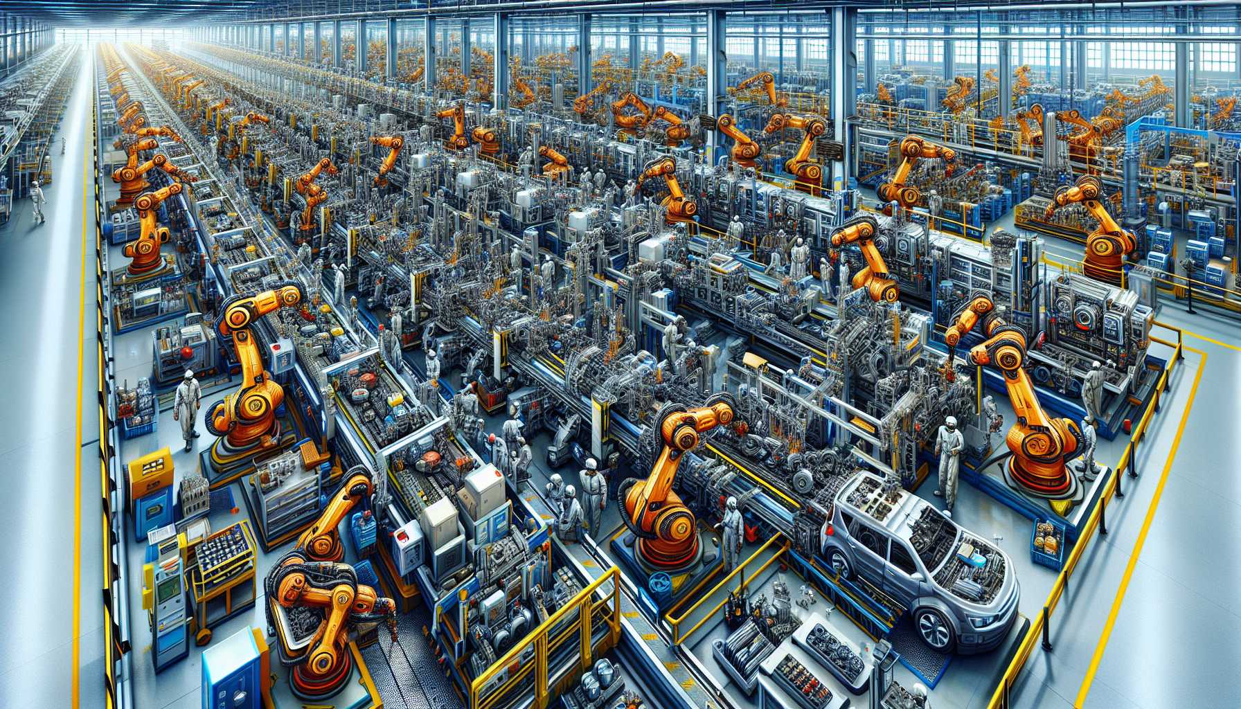 Robots working on an assembly line