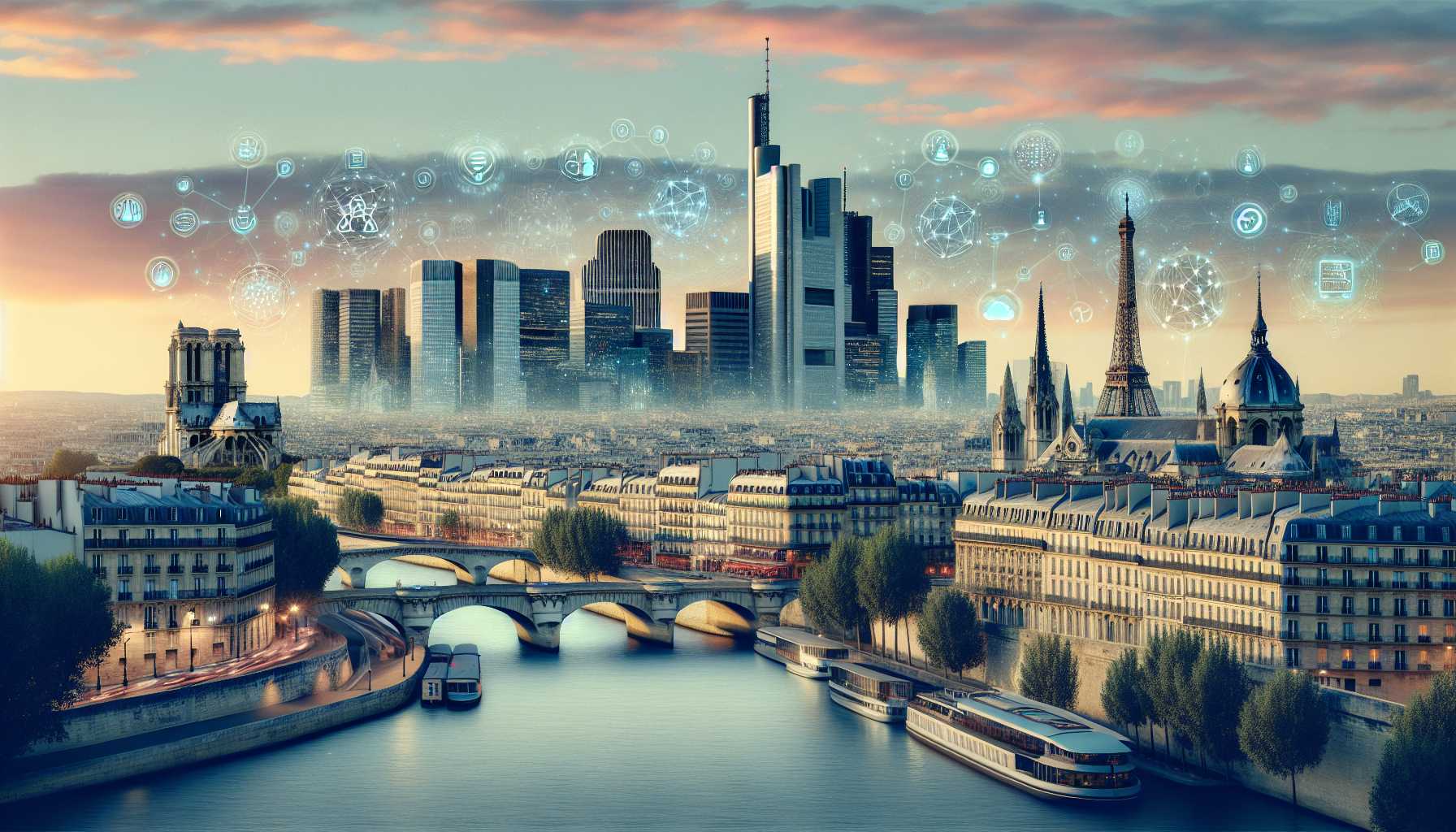 Paris skyline with AI tech icons