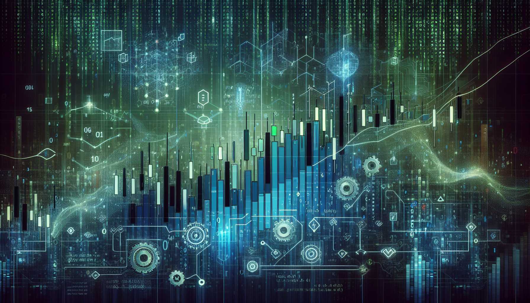 Stock market chart with AI-themed decorations