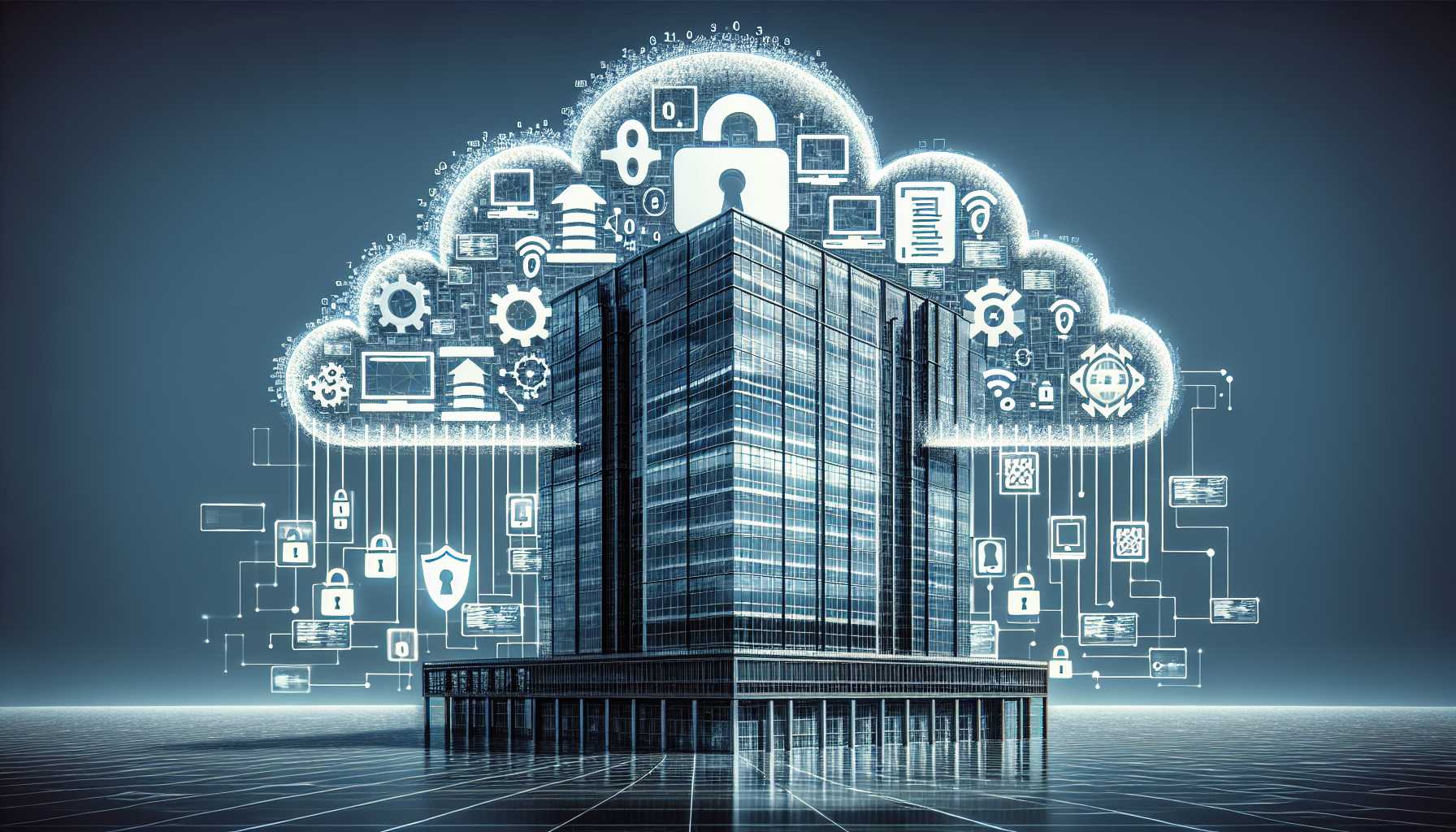 Kaspersky Lab building with a cloud of digital symbols signifying cybersecurity