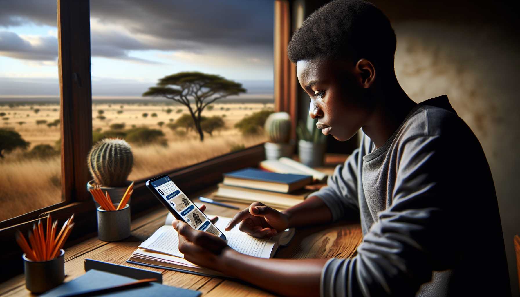 A student in South Africa using their smartphone to learn online.