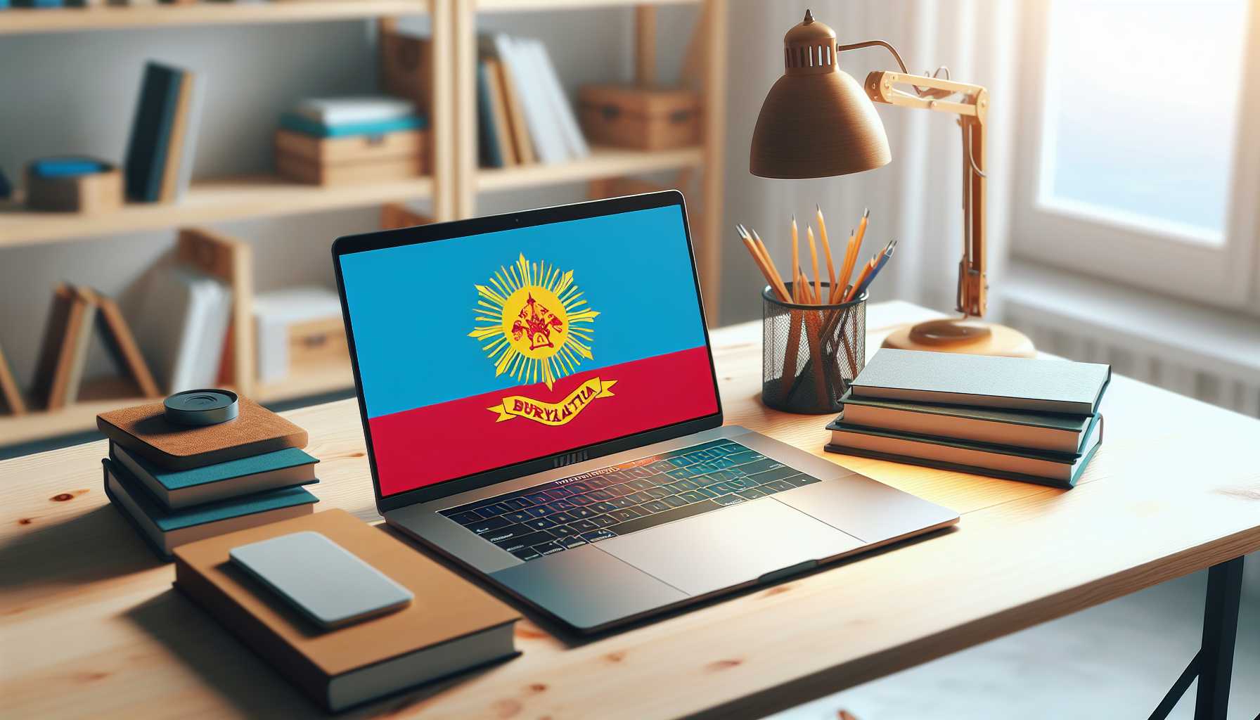 A laptop with a Buryatia flag sticker on it, sitting on a desk in a home office.