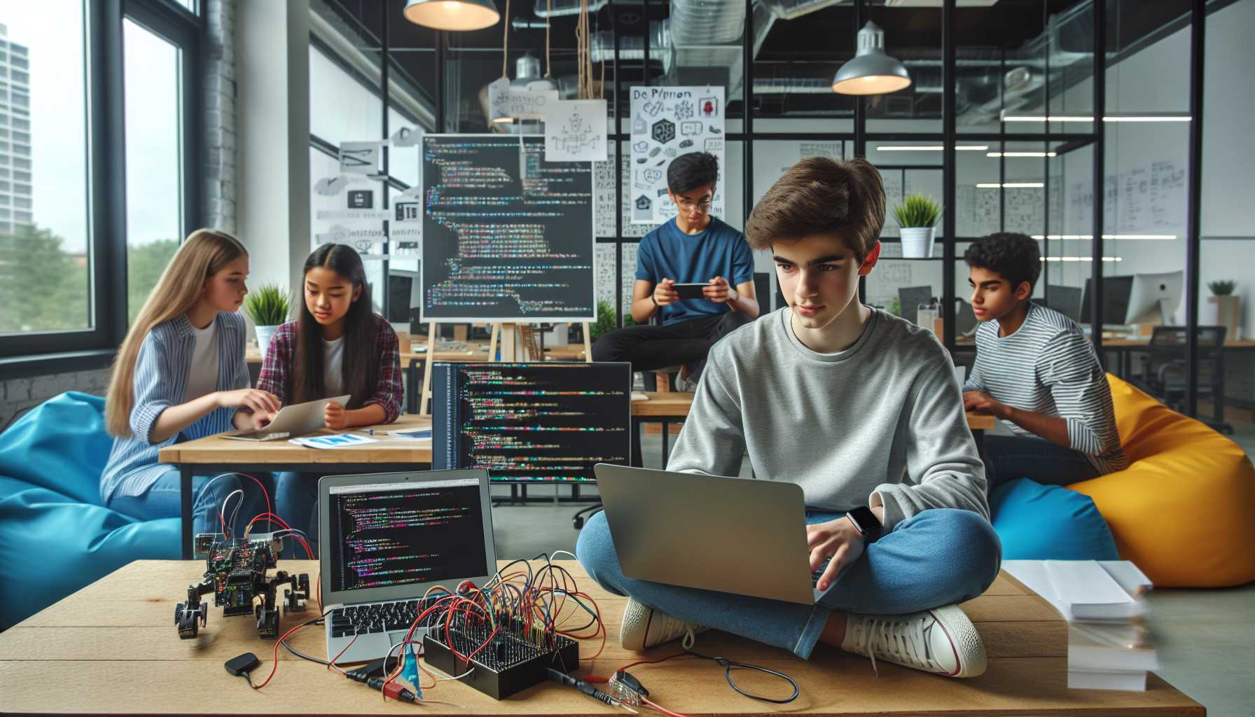 teenagers working on coding in a startup office