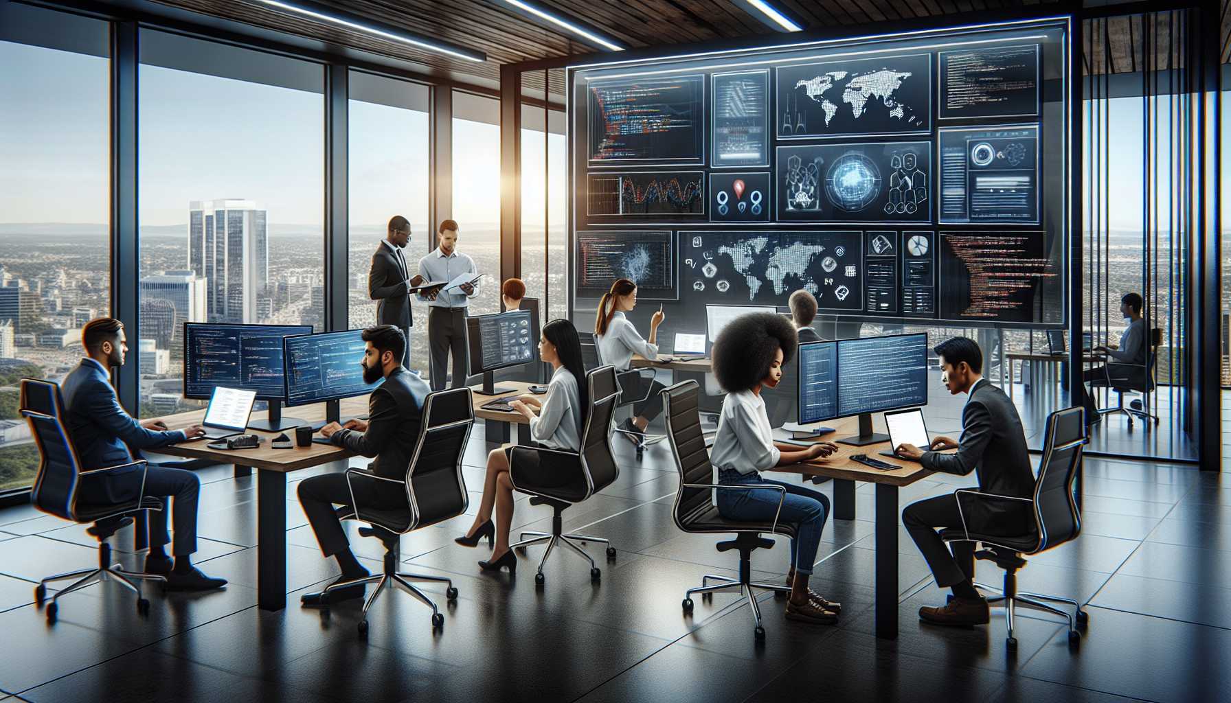 cybersecurity team strategizing in a modern office