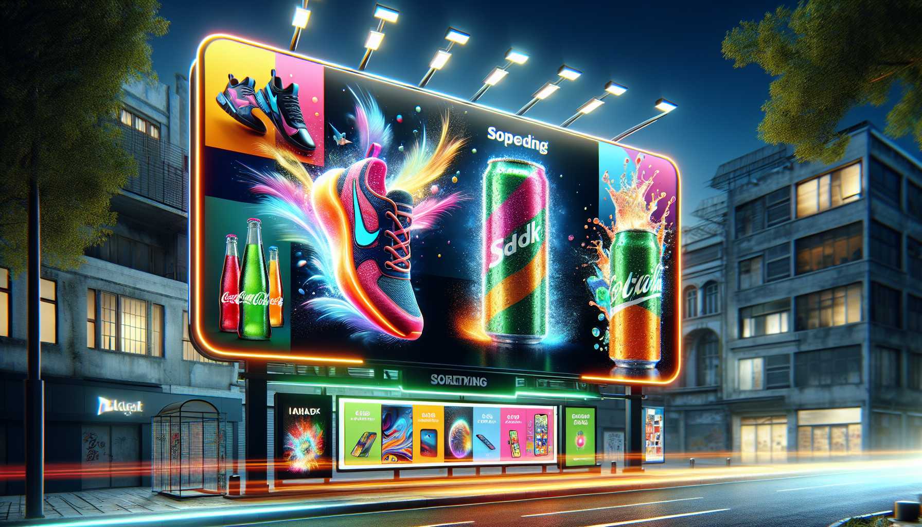 A vibrant digital advertising screen showcasing various brands