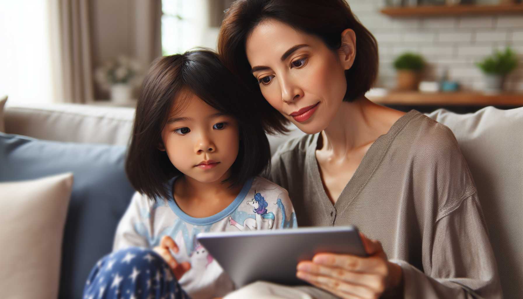 A concerned parent looking over the shoulder of a child using a tablet