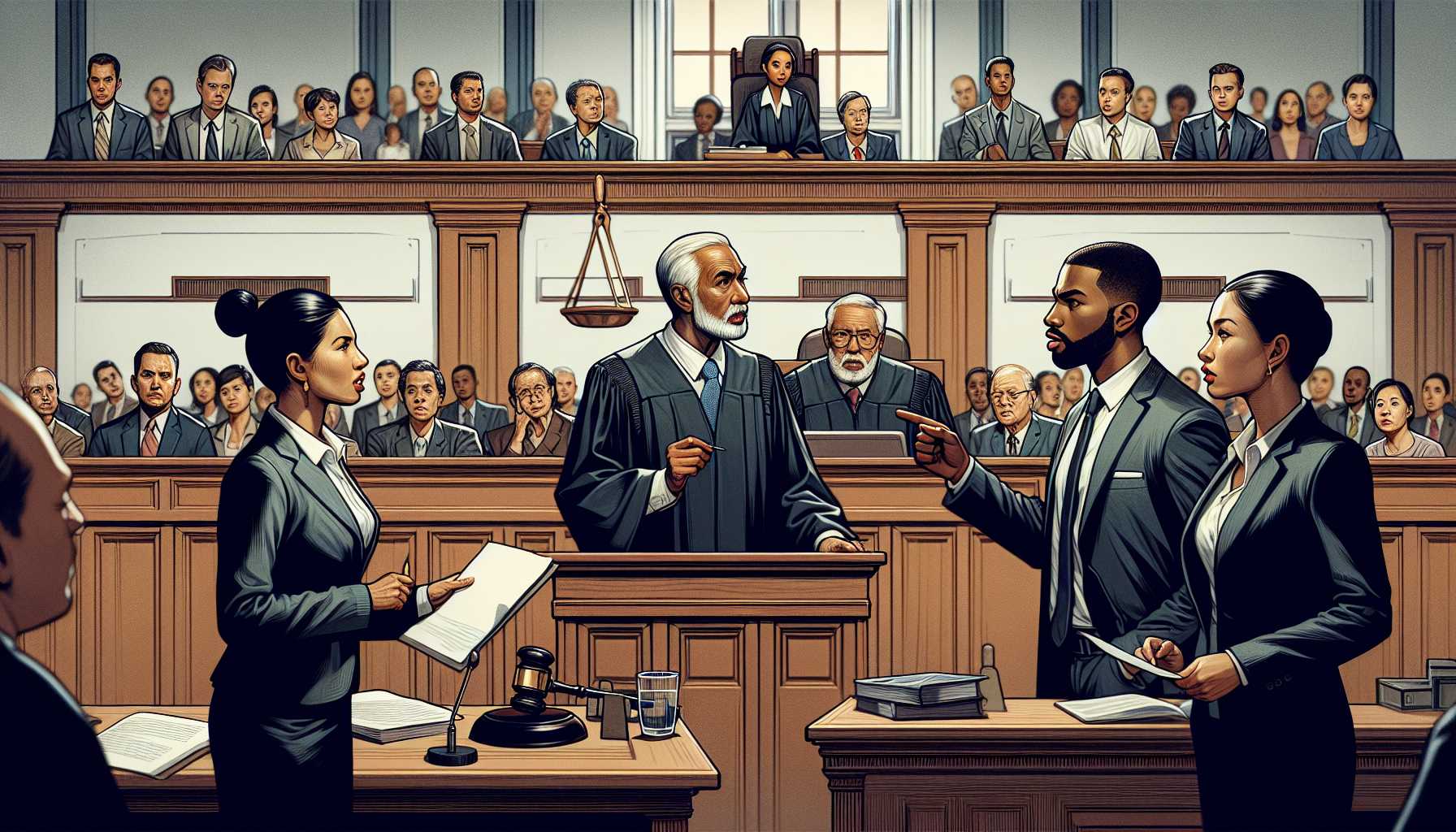 A courtroom scene with lawyers debating a case