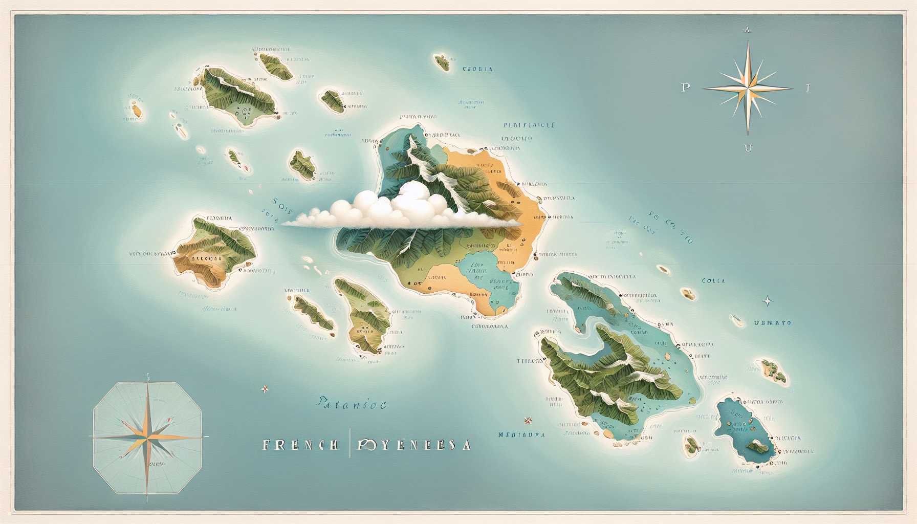 Map of French Polynesia with a cloud icon over the island of Tahiti.