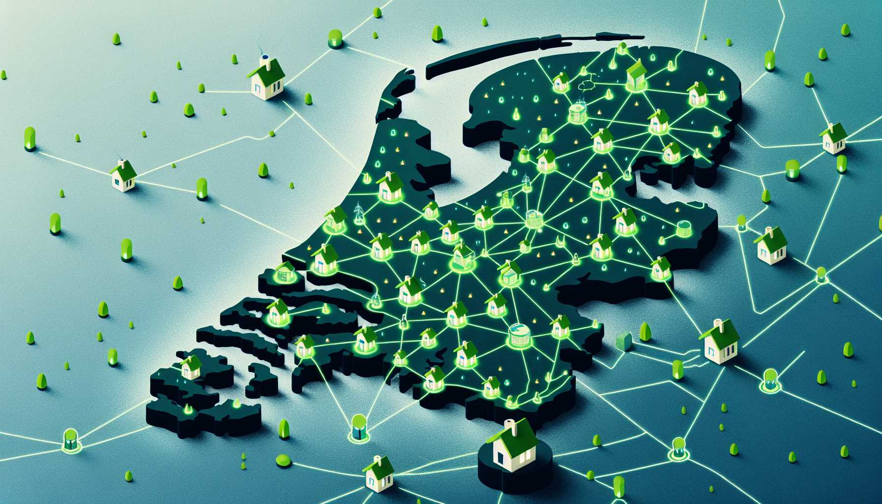 A map of the Netherlands with green dots representing households with smart meters