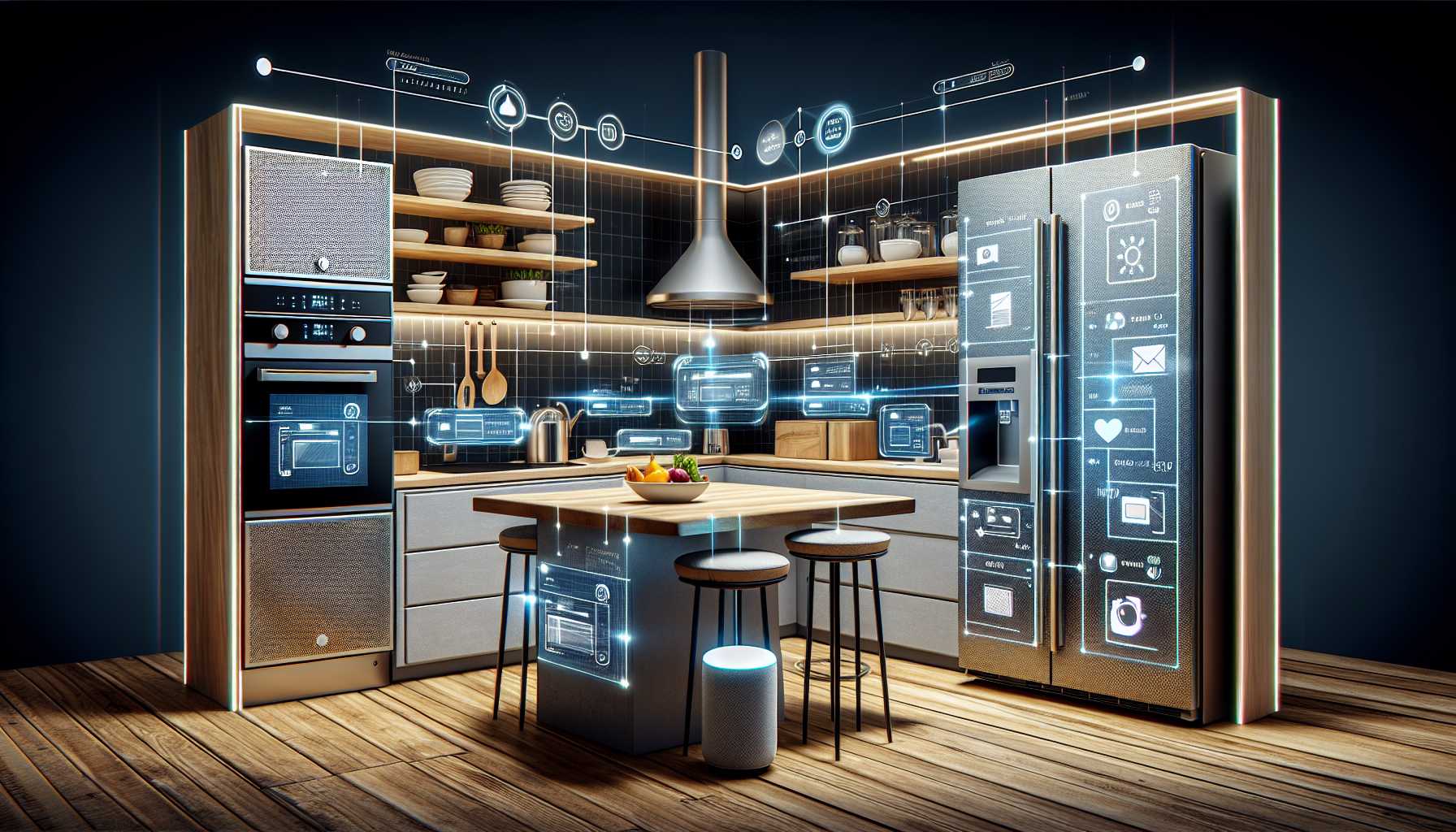 A kitchen with smart appliances, such as a smart oven, smart refrigerator, and smart speaker.