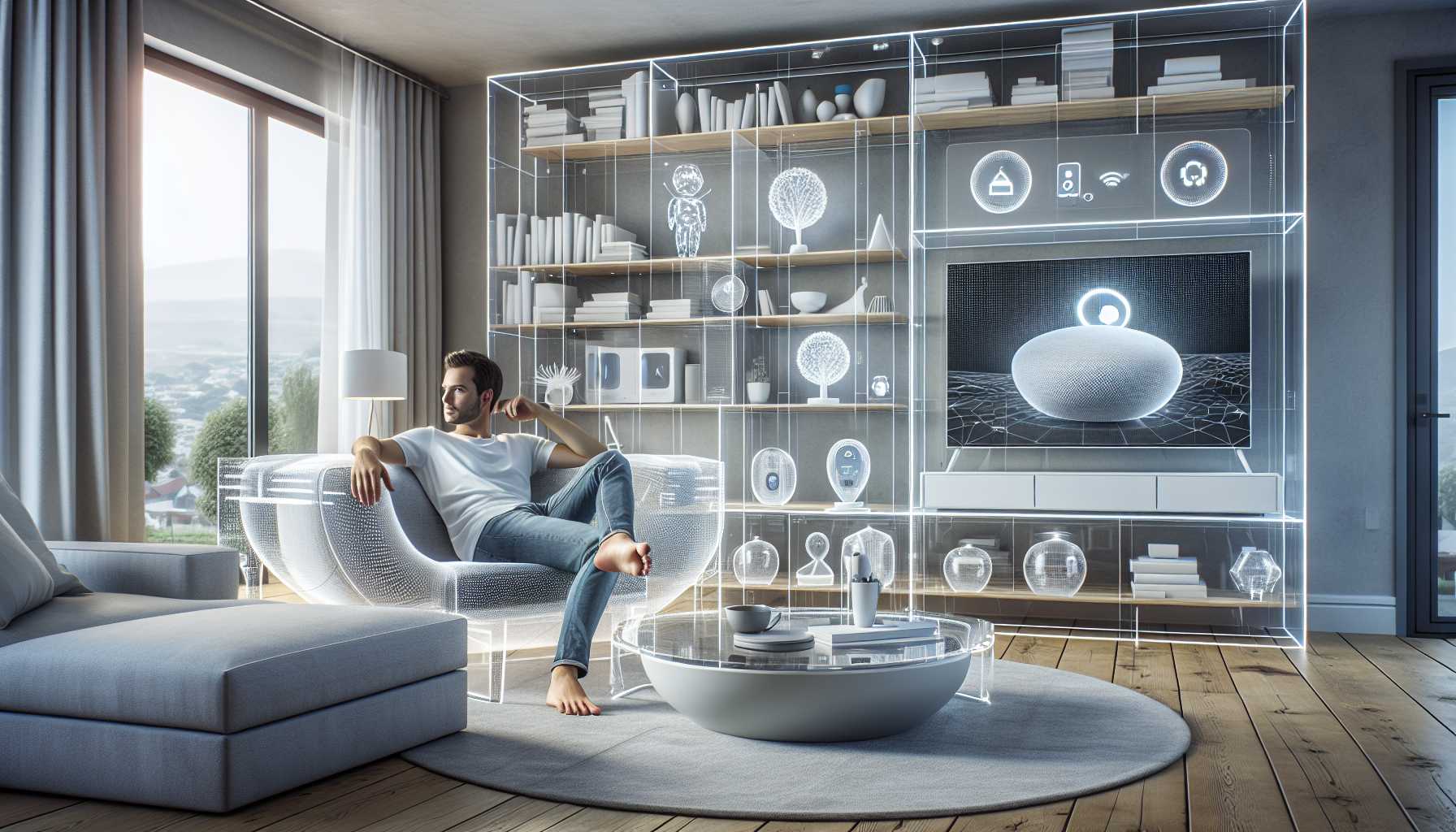 A person relaxing in a living room with various smart home devices seamlessly integrated into the environment.