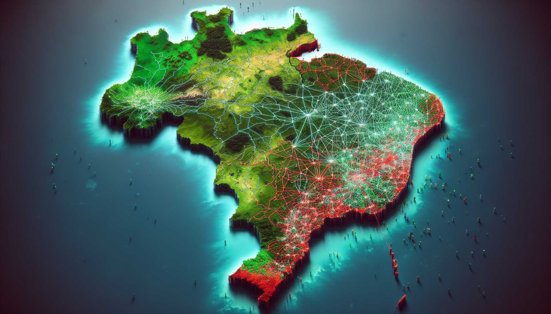 A map of Brazil highlighting areas with high-speed internet access in green and areas with limited or no access in red.