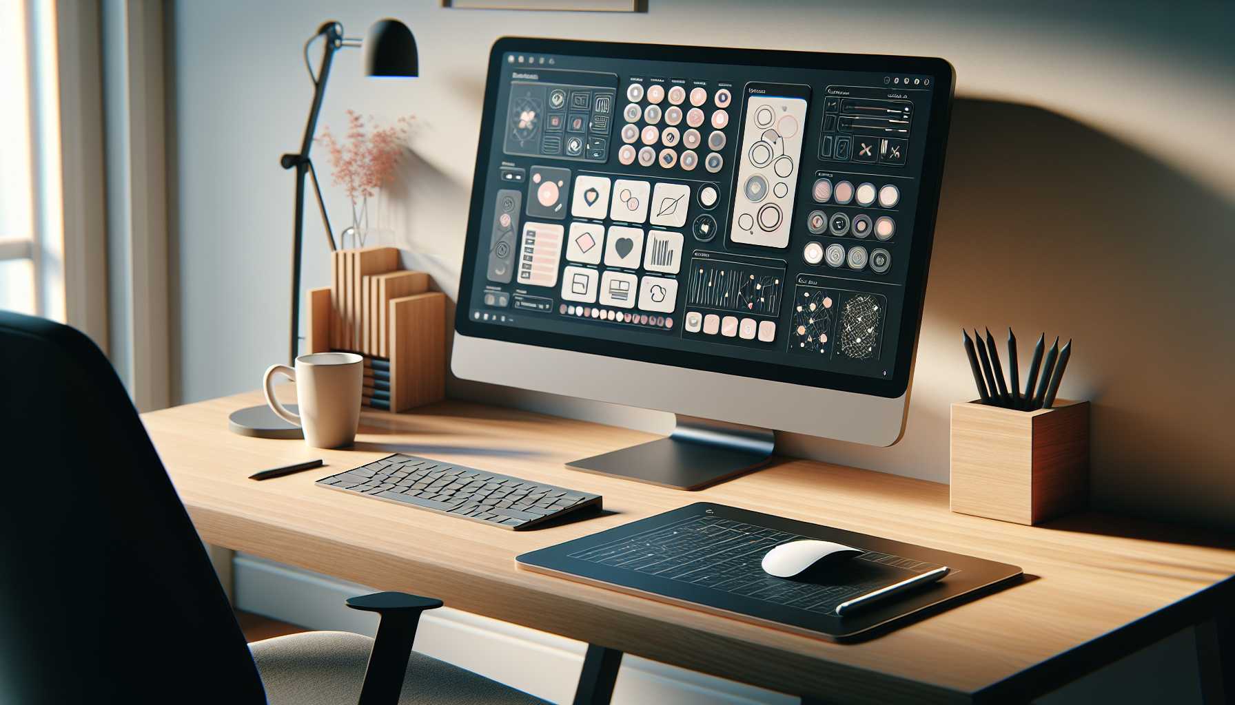 A designer's workspace with multiple UI icons on a tablet