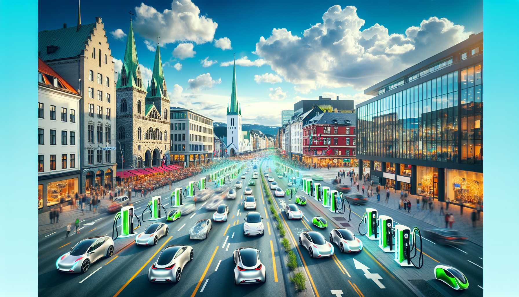 A cityscape in Norway with a high concentration of electric vehicles on the road, charging stations visible in the background.