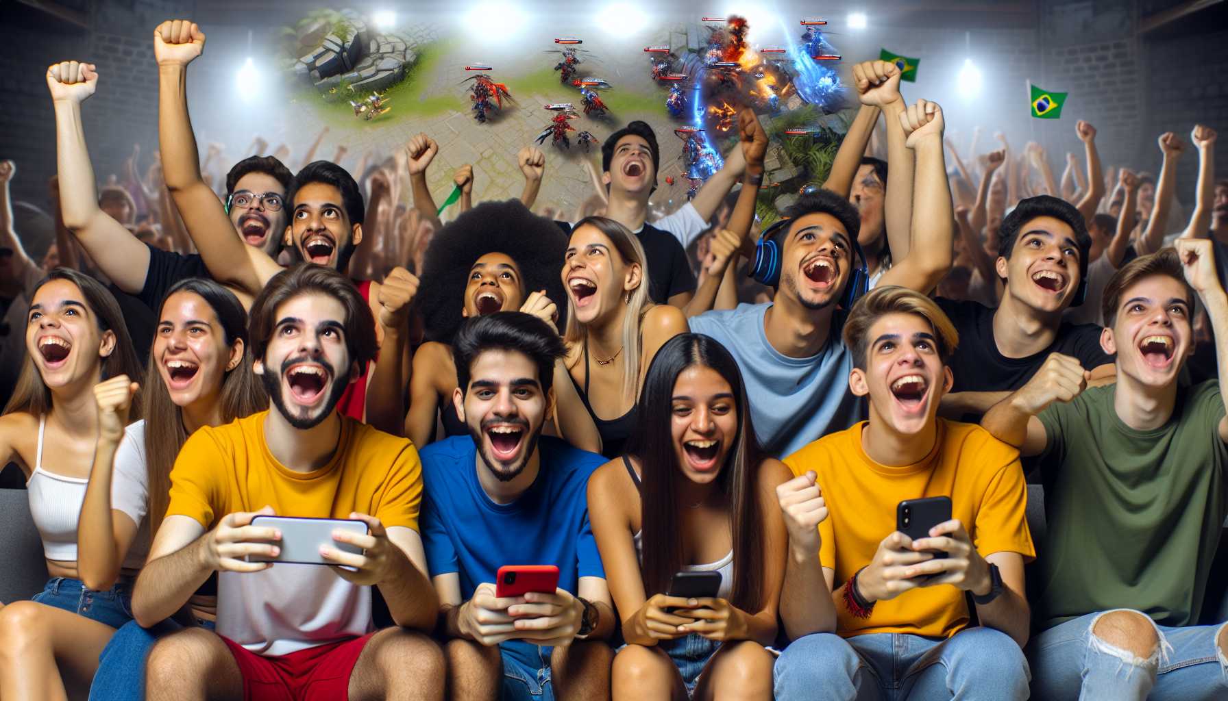 A group of young Brazilians watching an esports live stream on their mobile phones, cheering excitedly.