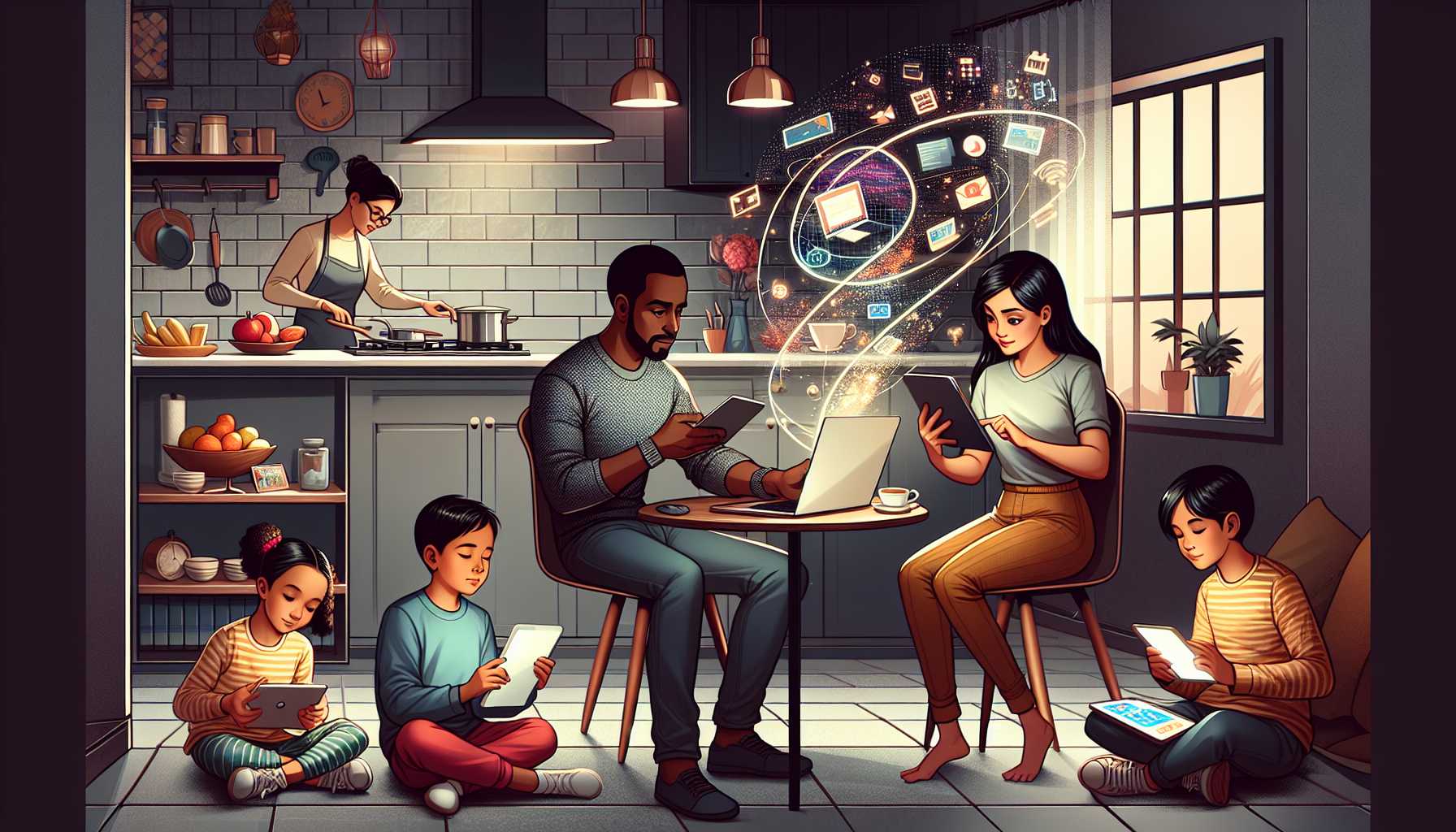 An illustration of a household using a lot of data on their devices