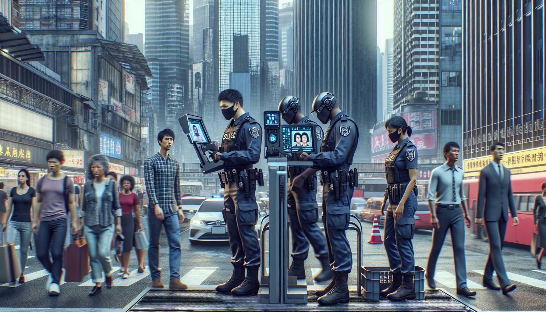 Police officers conducting a facial recognition scan in a city