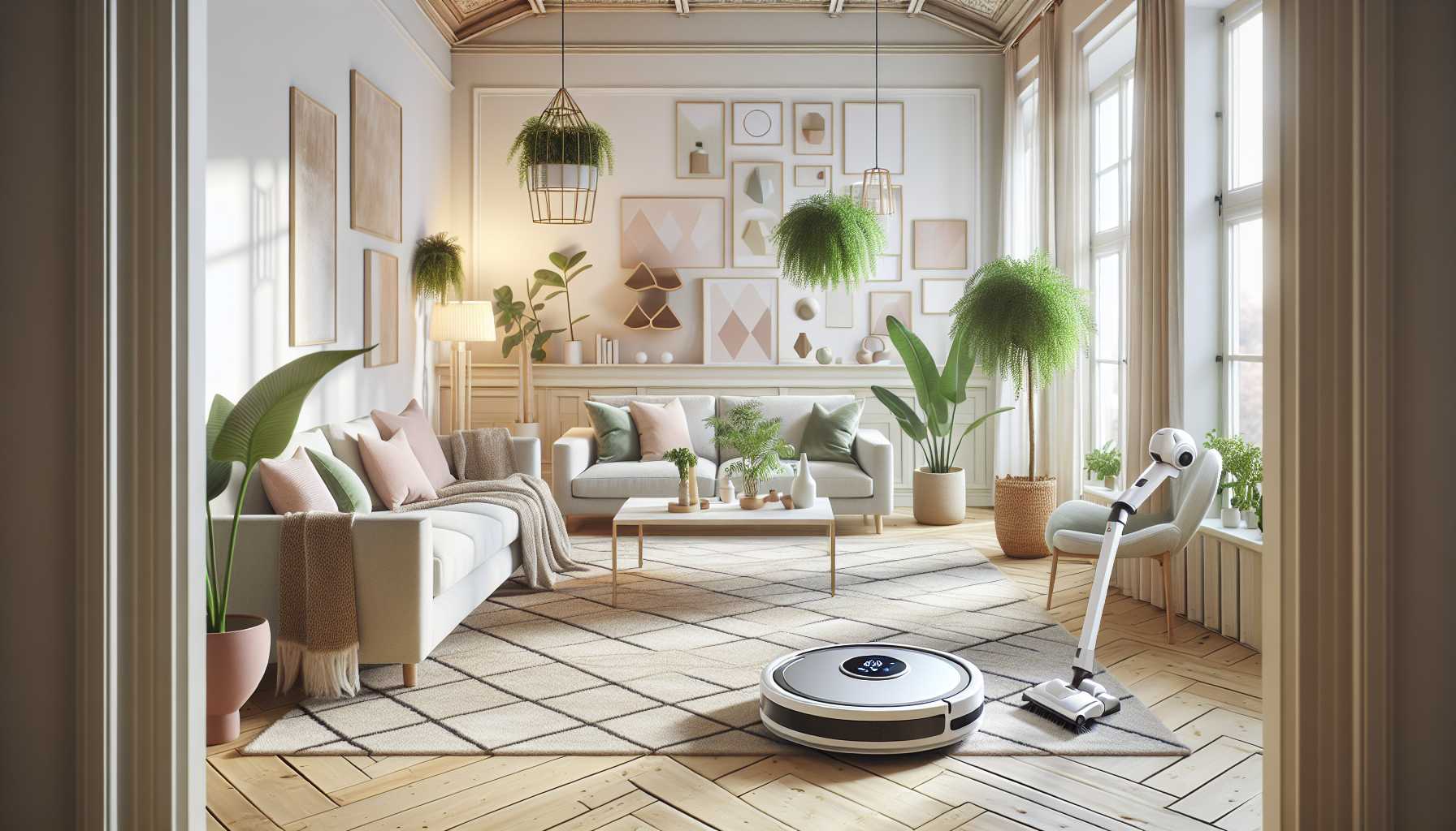 Robotic vacuum cleaner cleaning a floor in a Swedish living room